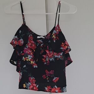 Floral Ruffle Black Top